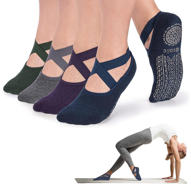 Ozaiic Pilates Socks for Women Non Slip Grip, Yoga Socks with Grippers for Barre, Hospital, Ballet, Dance, Barefoot Workout (4 Pairs - Navy/D.gray/D.green/D.purple) - Image 1
